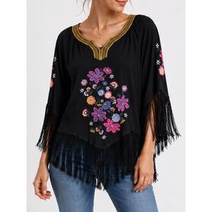 Ariat Black Embroidered Fringe Western Boho Tunic Top Small
